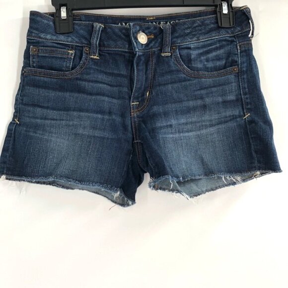 AMERICAN EAGLE Denim Jean Shorts Cutoff Stretch Denim 2 Women Raw Hem Distressed - Picture 1 of 6